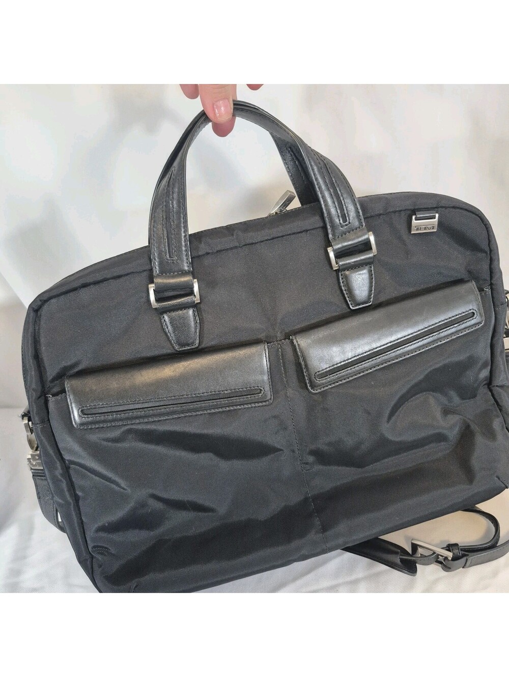 TUMI Black Ballistic Nylon & Leather Slim Satchel Padded 15" Laptop Shoulder Bag